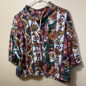 Vintage Women's Geometric Floral Mock Neck Drawstring Crop Top Shirt Size L/XL